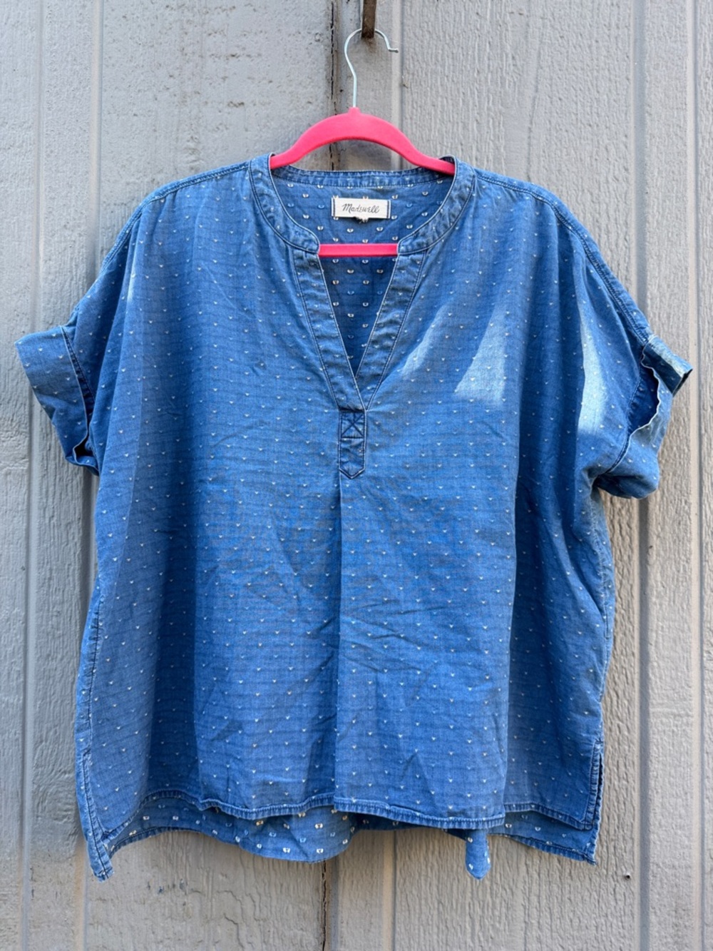 Madewell Denim-Blue Short Sleeve Chambray Shirt with Tiny Dot Print
